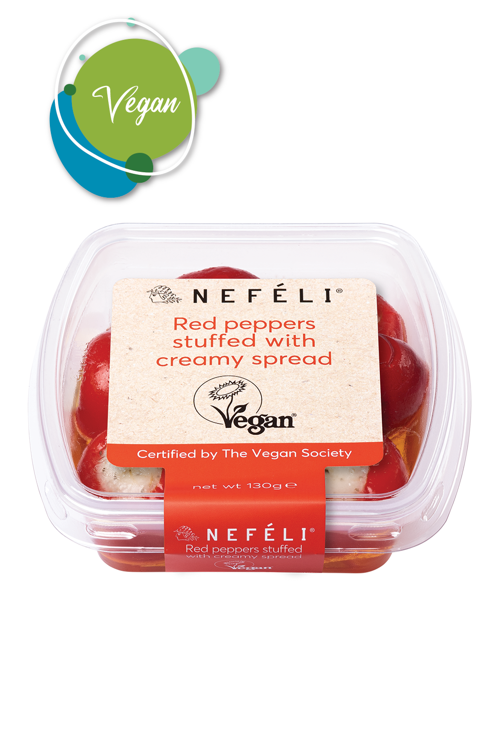 Red sweet and spicy peppers stuffed with creamy spread - VEGAN. Without the addition of dairy, soya, lactose & gluten. Certified by the Vegan Society.