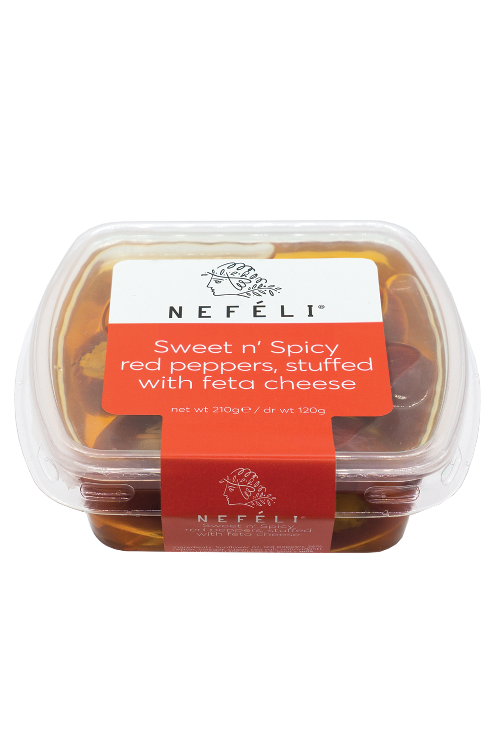 Sweet and spicy red peppers stuffed with feta cheese in deli cup
