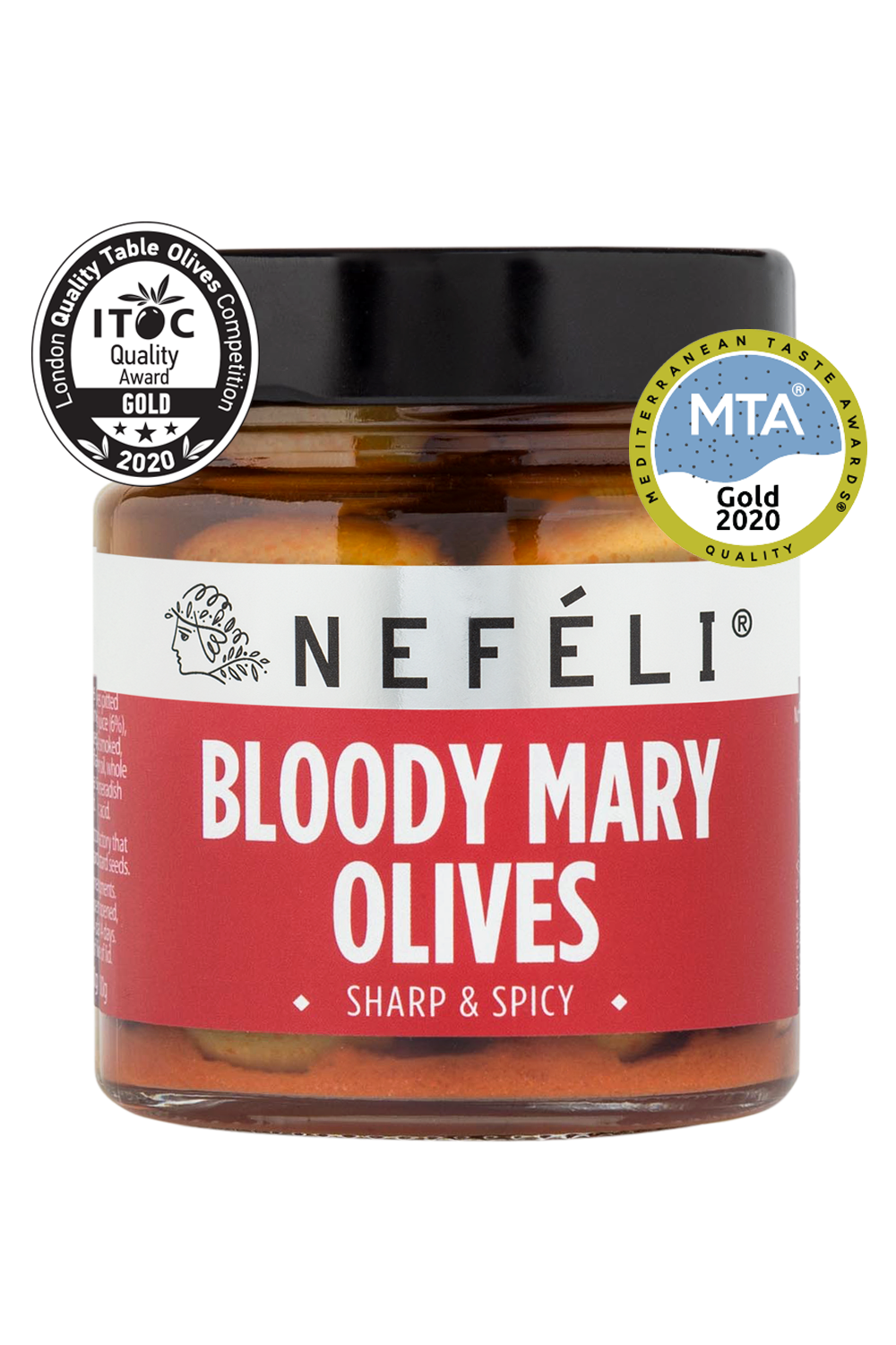 Halkidiki green olives pitted in a tomato brine with horseradish