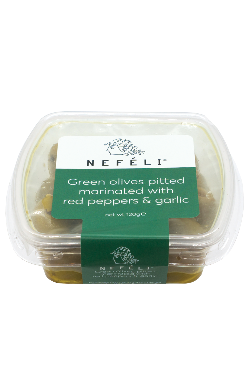 Green olives pitted marinated with red peppers and garlic in modified atmosphere
