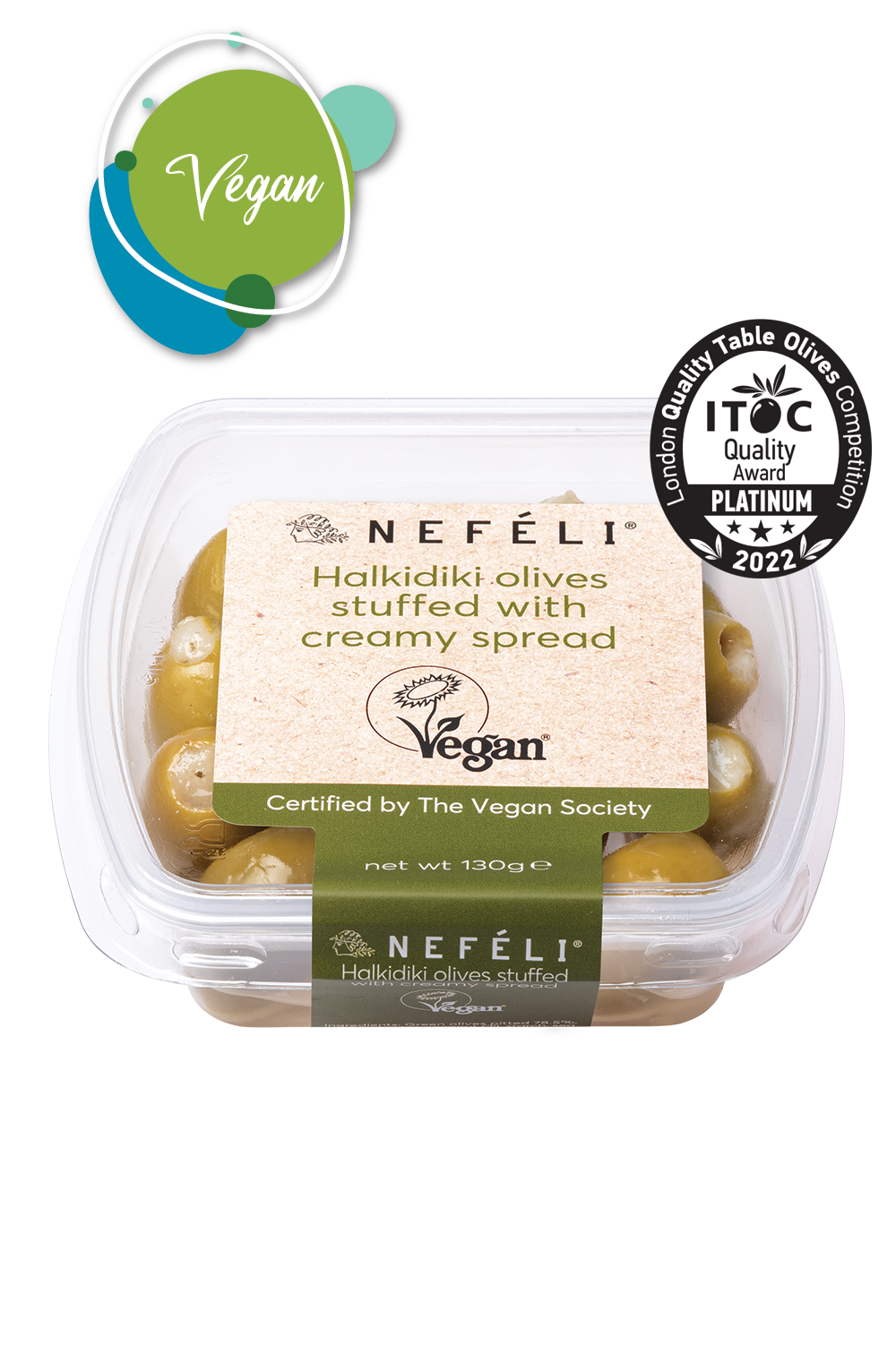 Halkidiki green olives stuffed with creamy spread - VEGAN. Without the addition of dairy, soya, lactose & gluten. Certified by the Vegan Society.