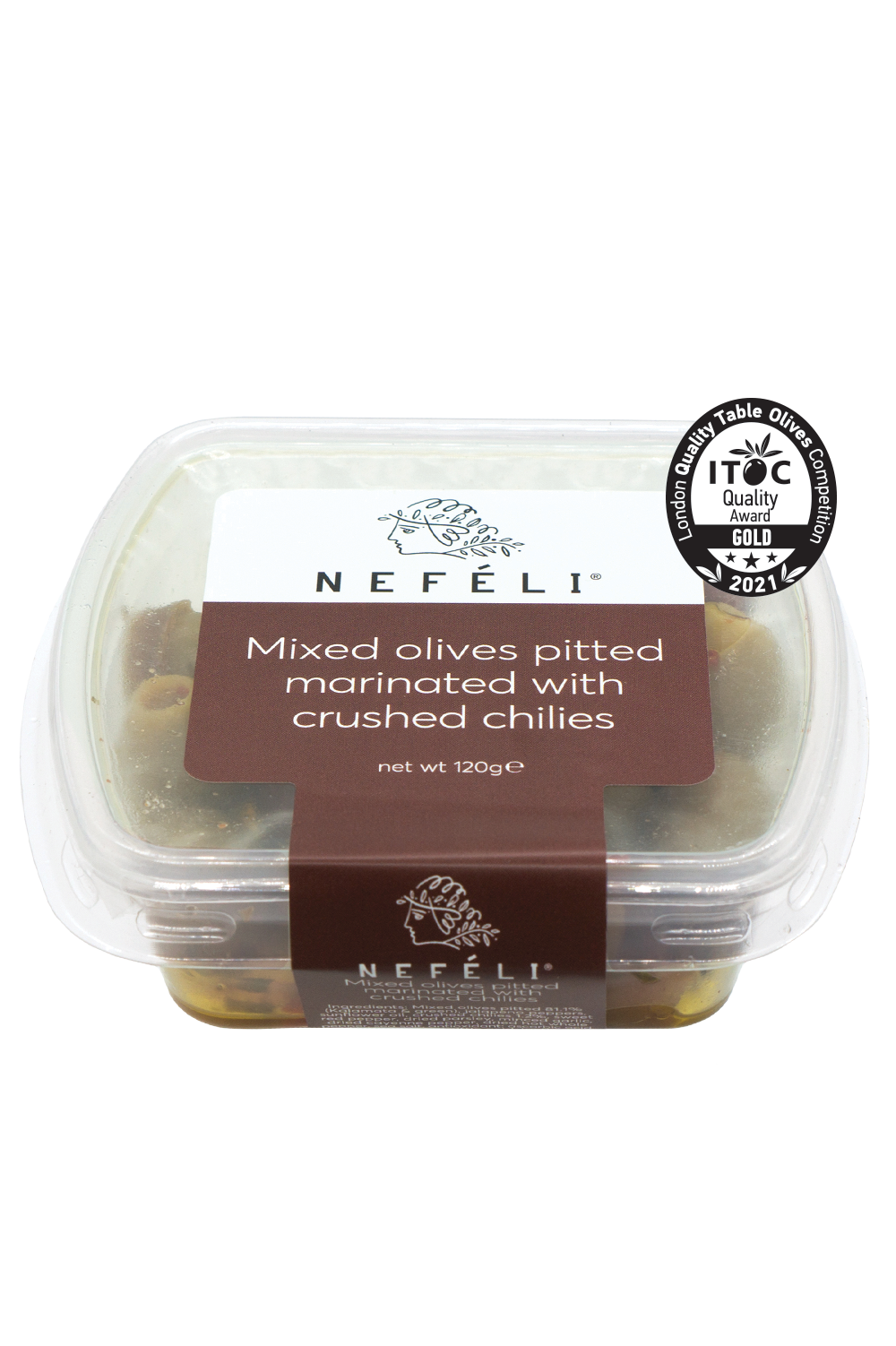 Greek mixed olives marinated with crushed chilies in modified atmosphere