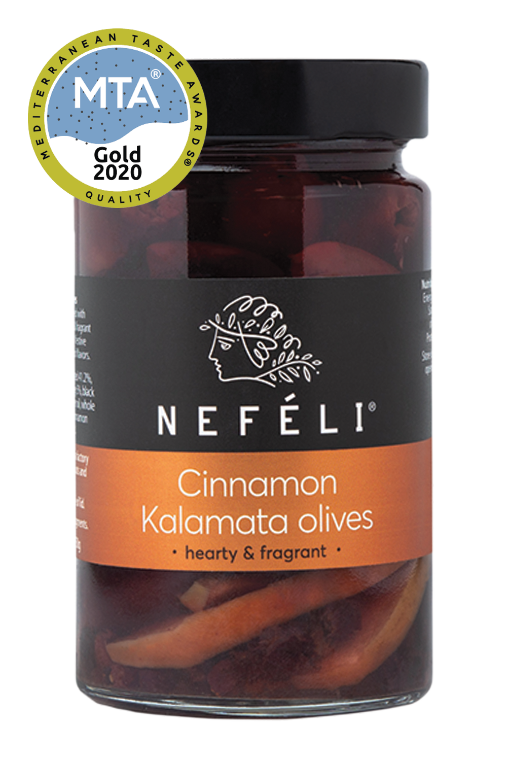 Kalamata olives pitted paired with tangerine in a sweet and fragrant cinnamon marinade