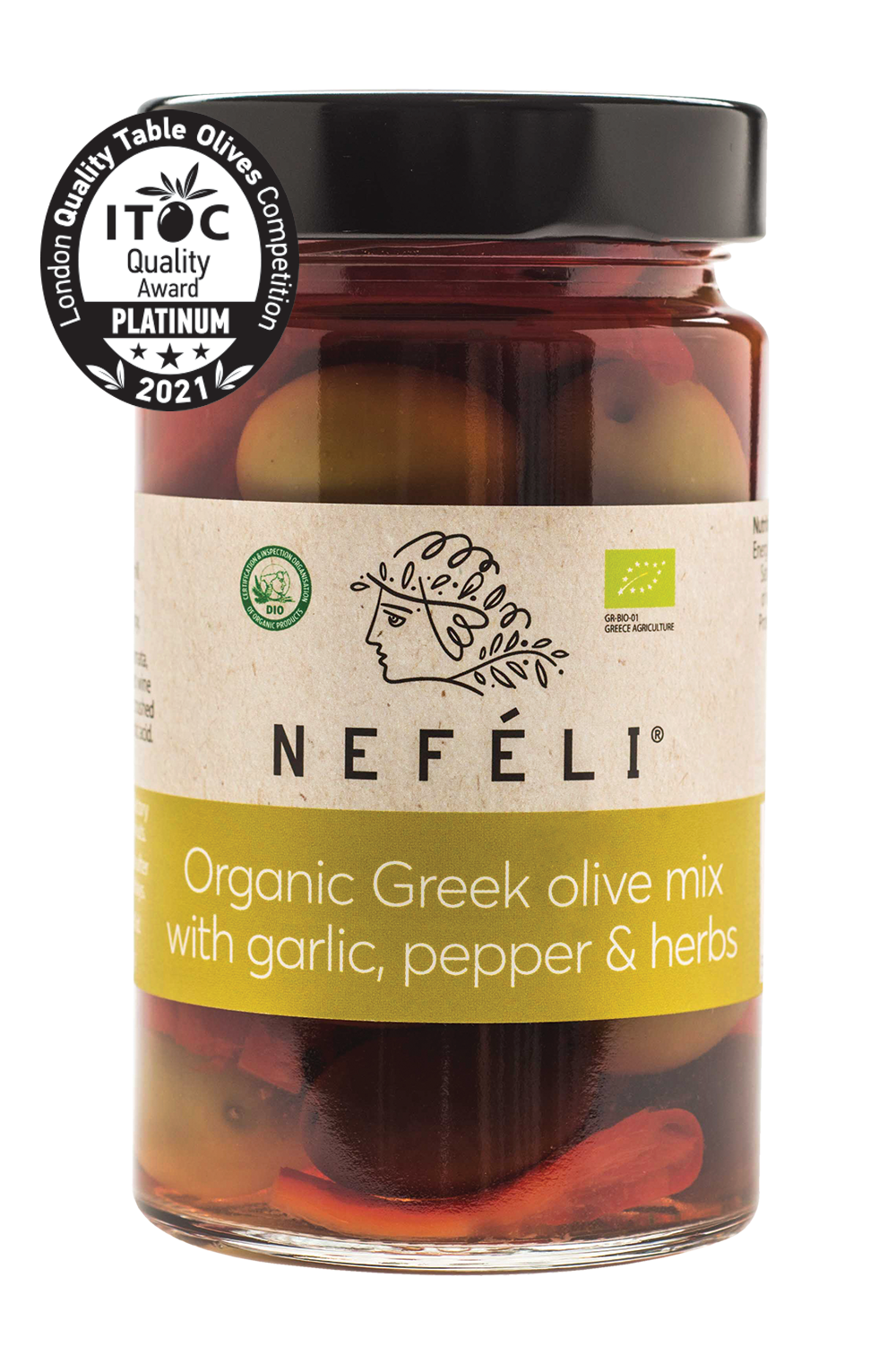 Organic Greek olive mix with garlic, pepper and herbs